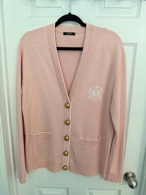Balmain Blush Pink Button-Front Cardigan with Gold Buttons